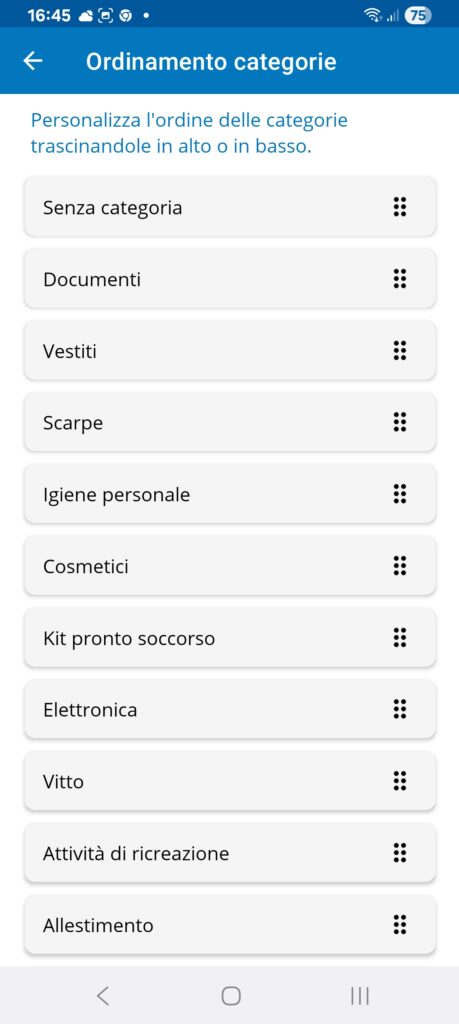 App Travel List - Ordinamento categorie
