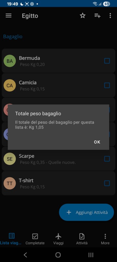 Travel List - Calcolo peso bagaglio